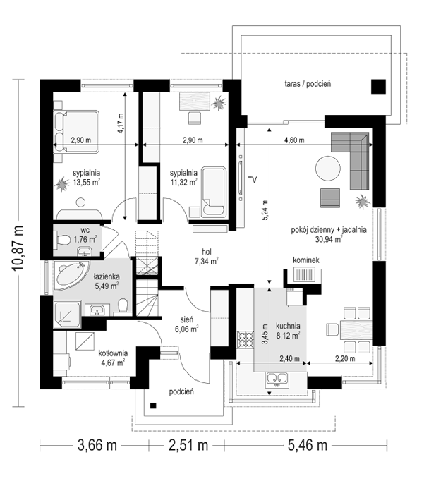 Rzut parteru POW. 89,3 m²