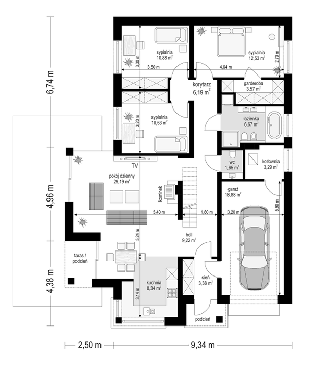 Rzut parteru POW. 124,3 m²