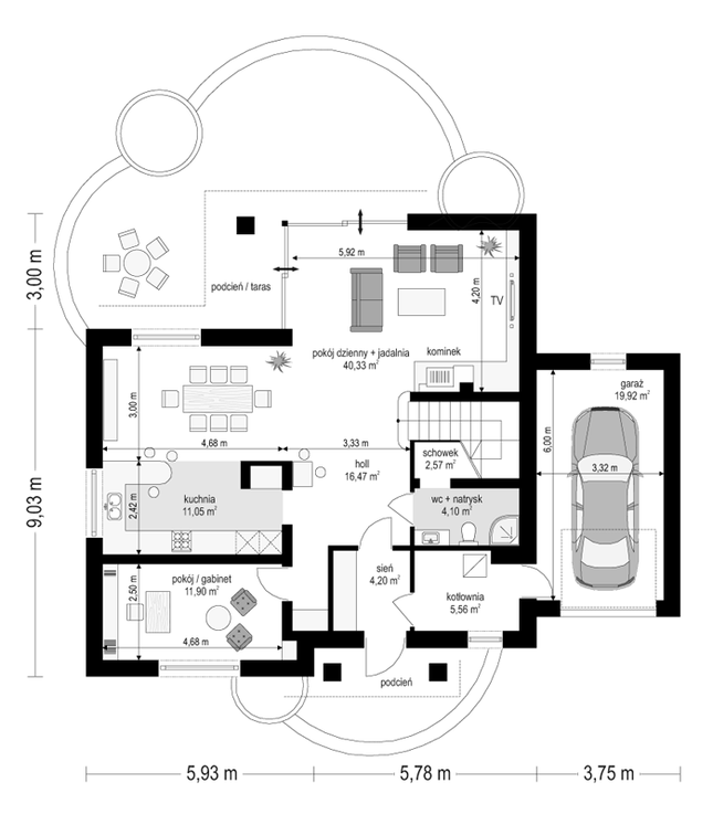 Rzut parteru POW. 116,1 m²