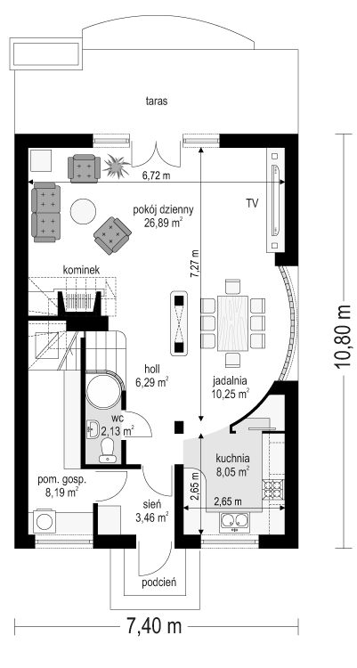 Rzut parteru POW. 65,3 m²