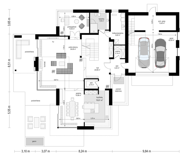 Rzut parteru POW. 217,8 m²