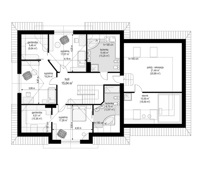 Rzut poddasza lustro POW. 165,2 m²