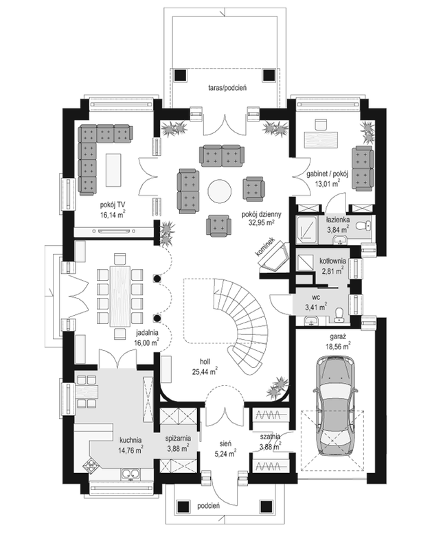 Rzut parteru POW. 159,9 m²