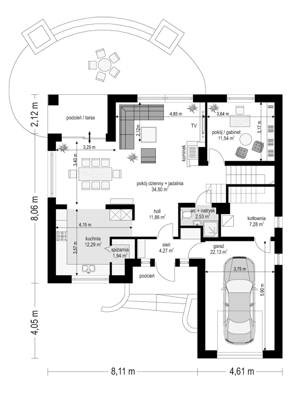Rzut parteru POW. 108,3 m²
