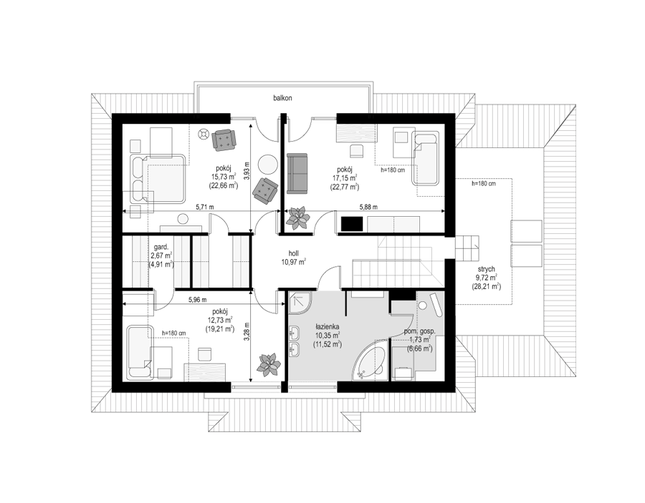 Rzut poddasza POW. 126,9 m²