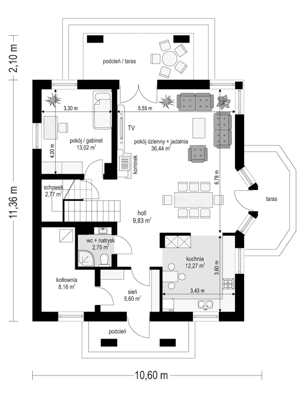 Rzut parteru POW. 90,8 m²
