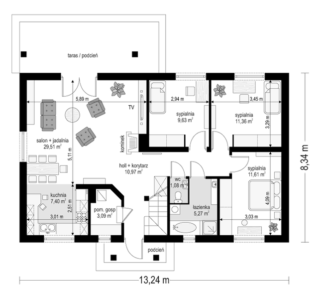 Rzut parteru POW. 89,9 m²