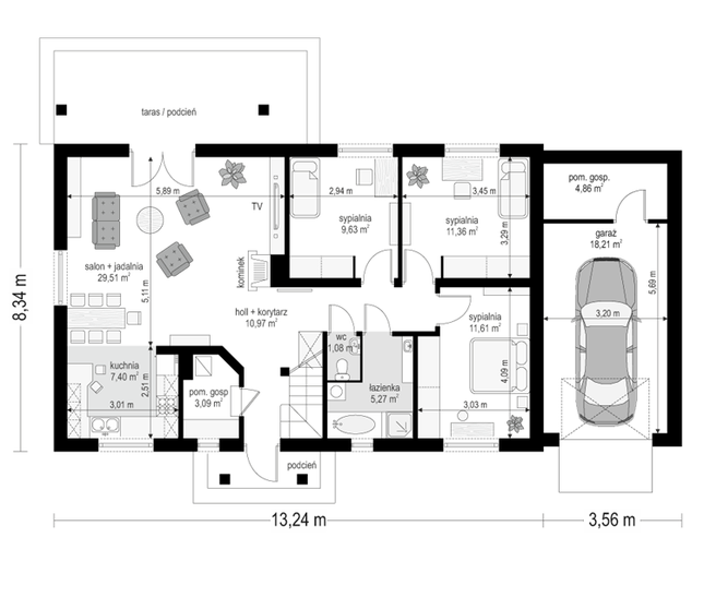 Rzut parteru POW. 113,0 m²