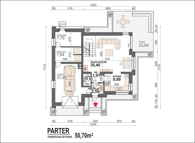 Rzut parteru POW. 87,9 m²