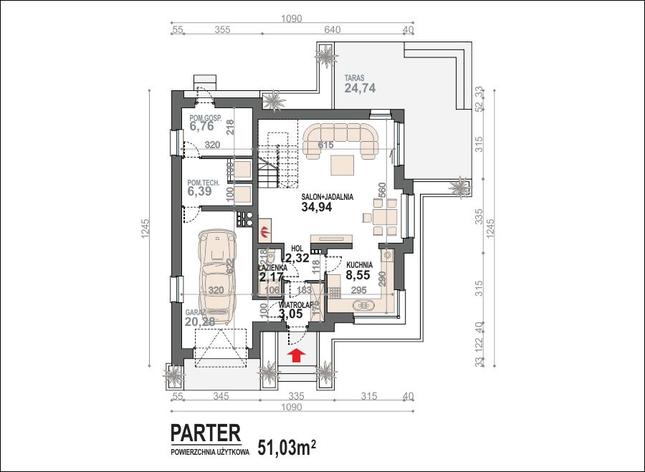 Rzut parteru POW. 84,5 m²