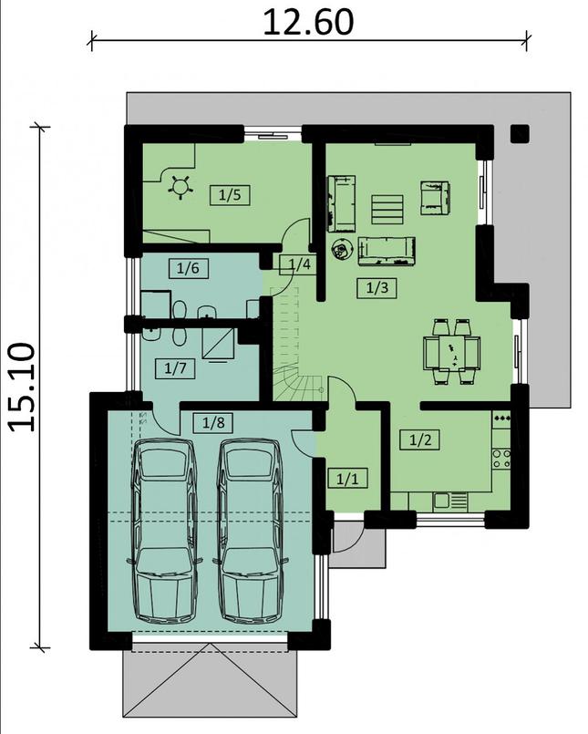 Rzut parteru POW. 127,9 m²