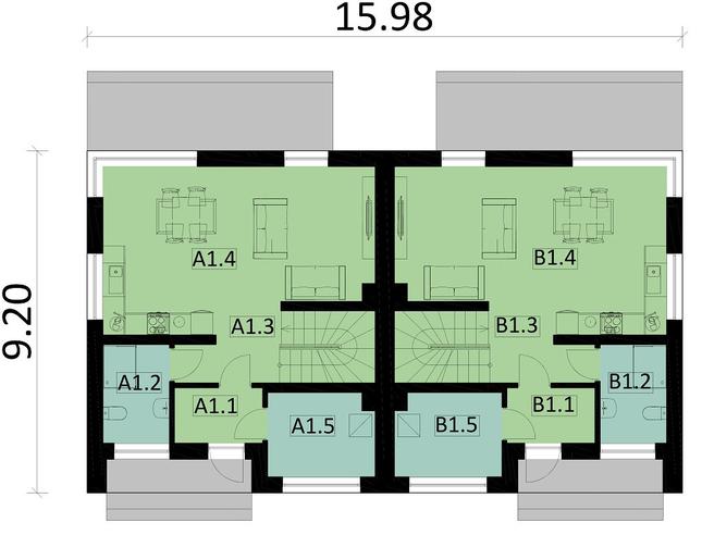 Rzut parteru: (2x47,7 m2) POW. 108,3 m²