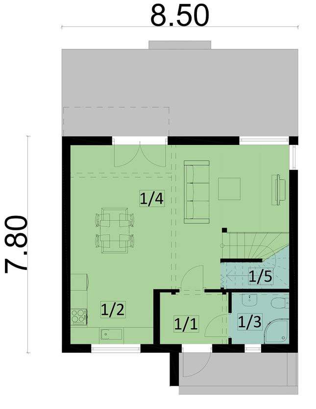 Rzut parteru POW. 52,9 m²