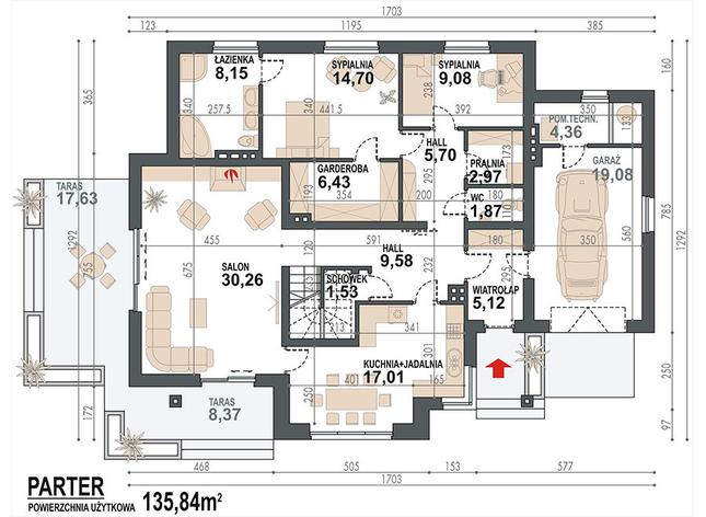 Rzut parteru POW. 135,8 m²