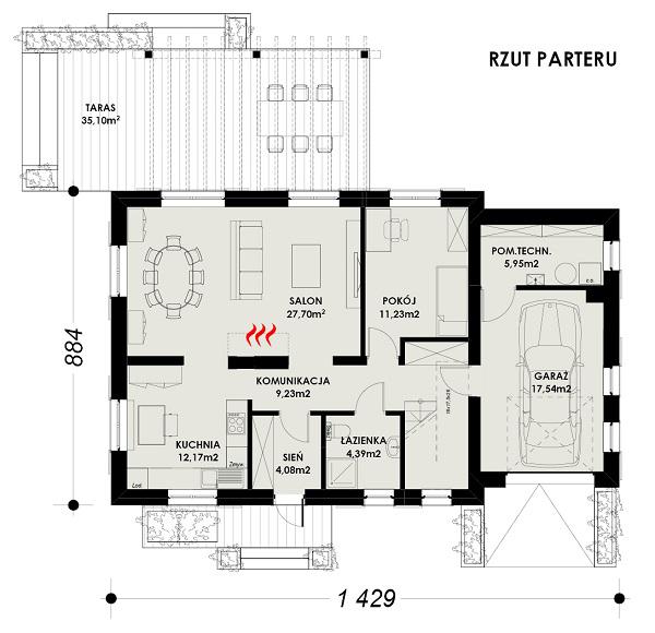 Rzut parteru POW. 92,3 m²