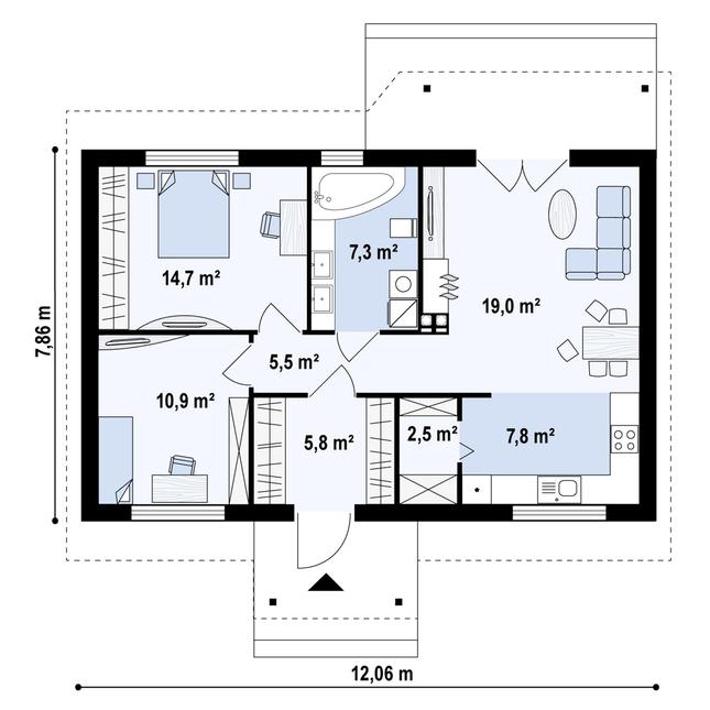 Rzut parteru POW. 73,3 m²