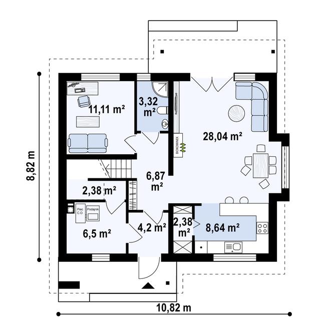 Rzut parteru POW. 73,4 m²