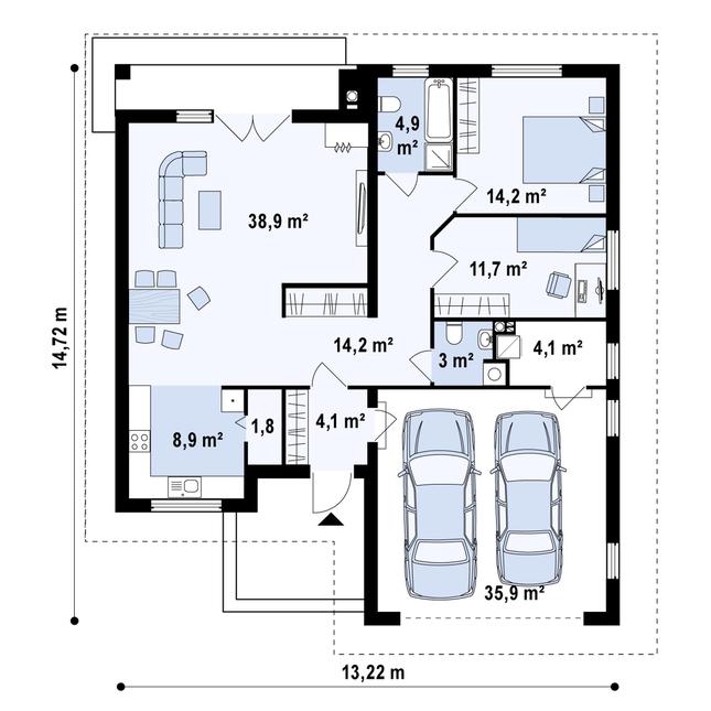 Rzut parteru POW. 141,7 m²