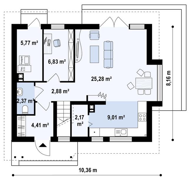 Rzut parteru POW. 58,7 m²
