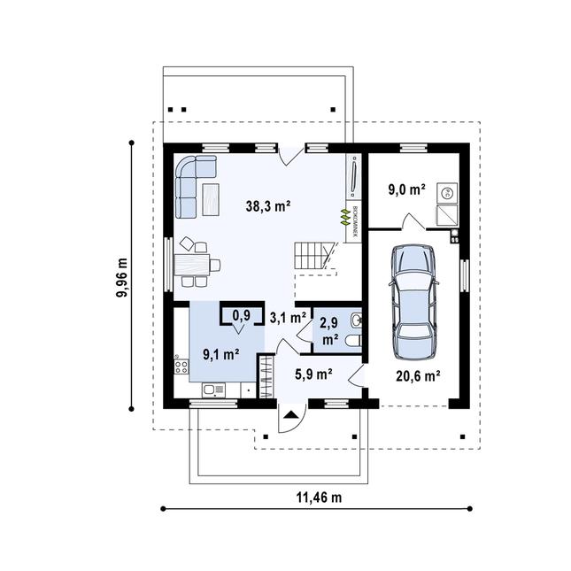 Rzut parteru POW. 89,6 m²