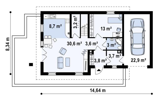 Rzut parteru POW. 90,8 m²