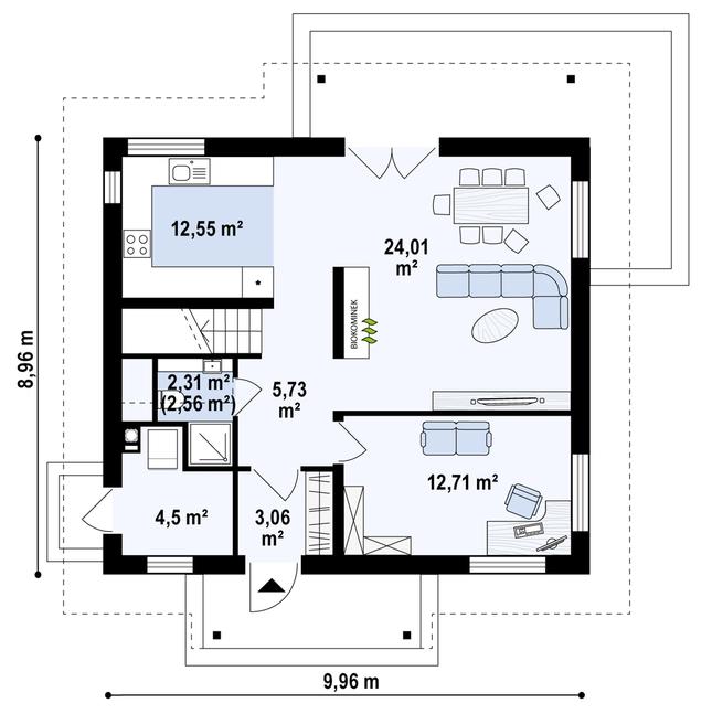 Rzut parteru POW. 65,1 m²