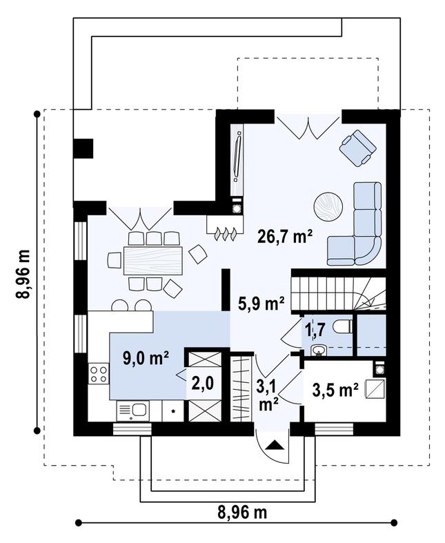 Rzut parteru POW. 52,3 m²