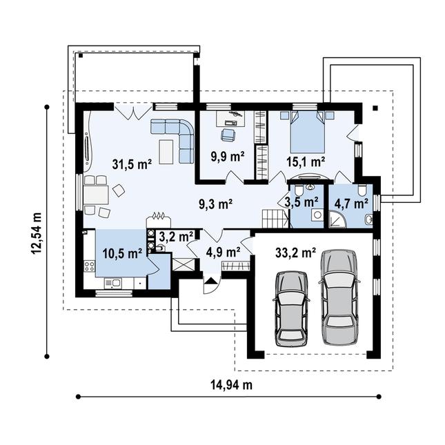 Rzut parteru POW. 123,9 m²