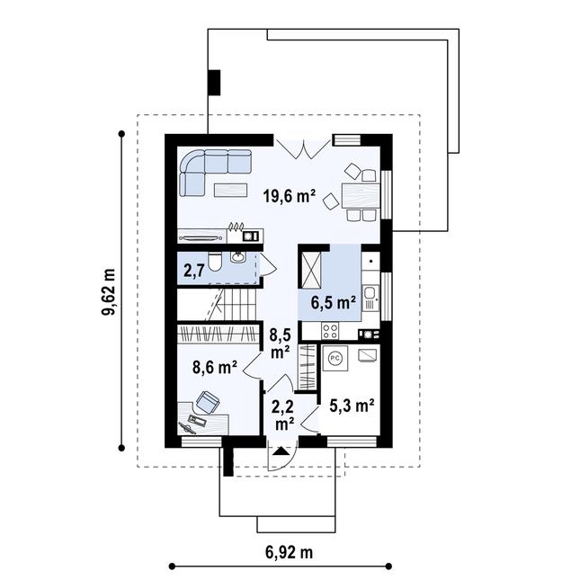 Rzut parteru POW. 53,3 m²