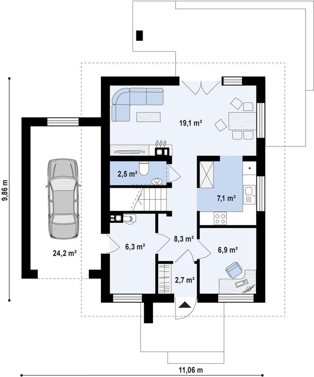 Rzut parteru POW. 74,1 m²