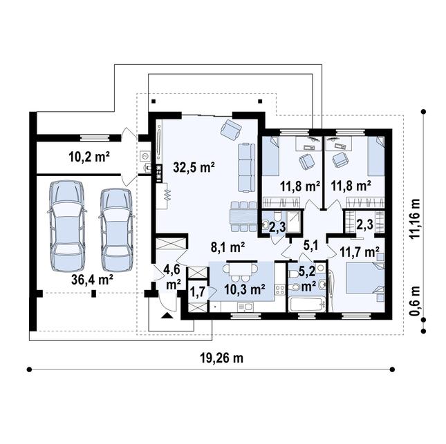 Rzut parteru POW. 153,8 m²