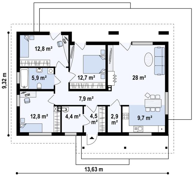 Rzut parteru POW. 100,6 m²