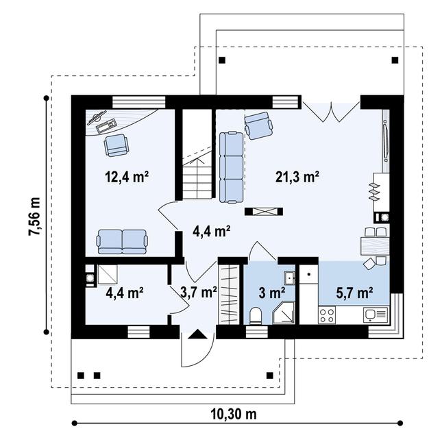 Rzut parteru POW. 54,9 m²