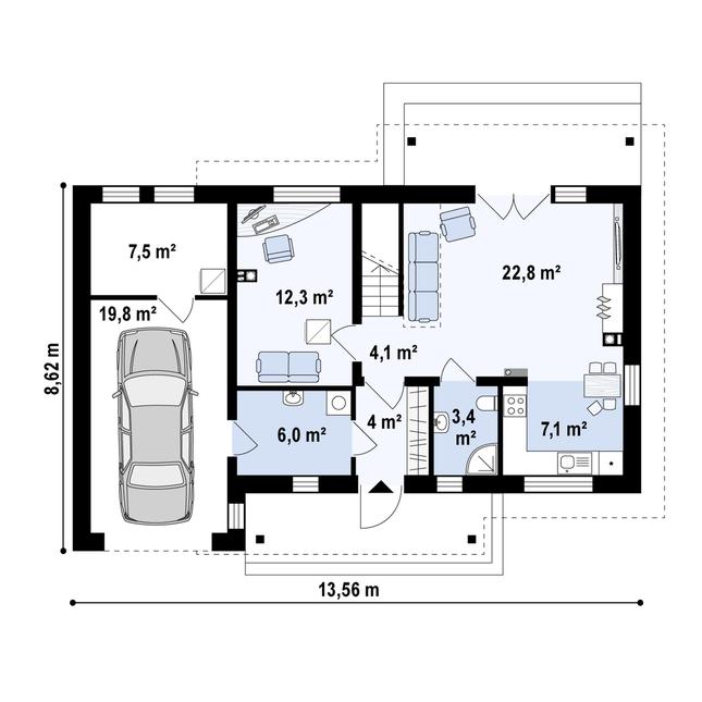 Rzut parteru POW. 84,6 m²