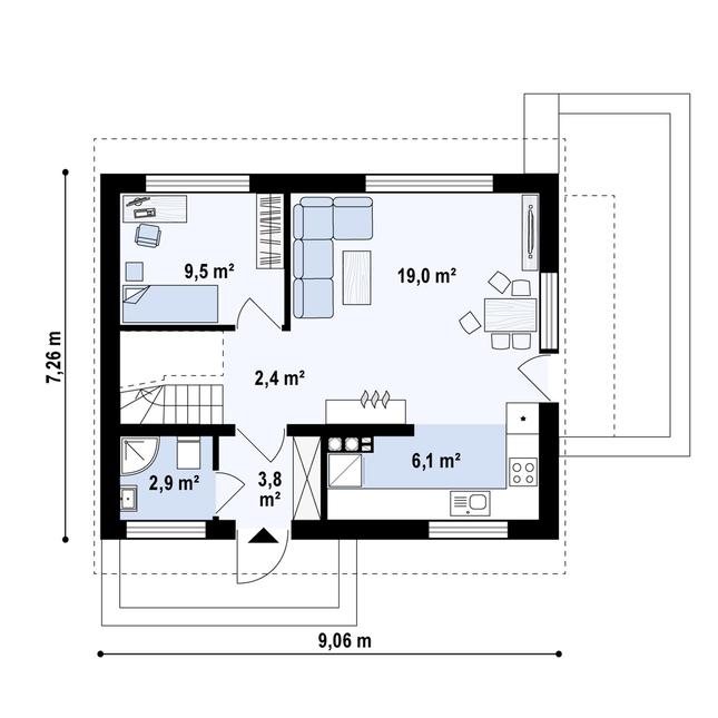 Rzut parteru POW. 43,6 m²
