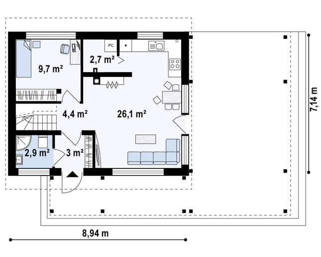 Rzut parteru POW. 45,6 m²