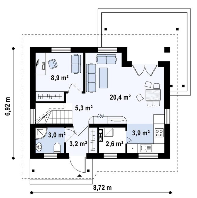 Rzut parteru POW. 44,3 m²