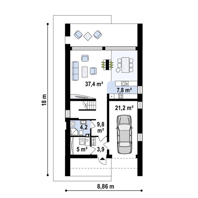 Rzut parteru POW. 89,2 m²