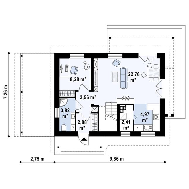 Rzut parteru POW. 47,7 m²