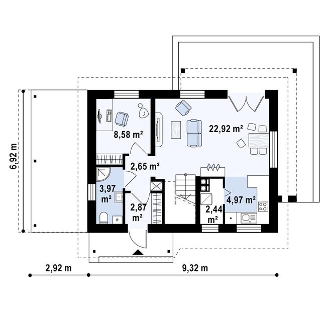Rzut parteru POW. 48,7 m²