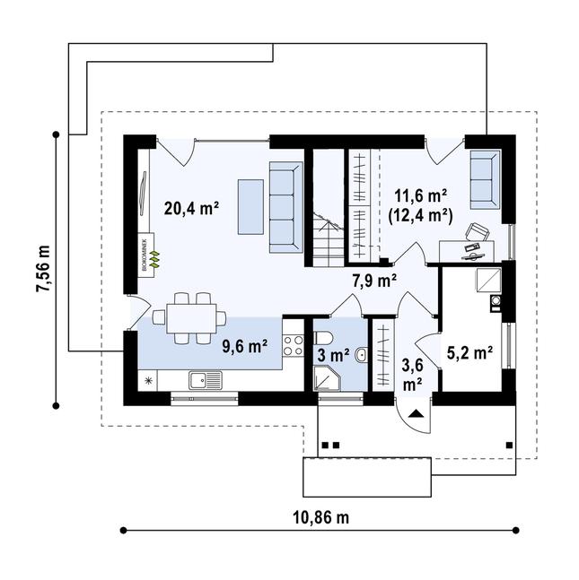 Rzut parteru POW. 62,1 m²