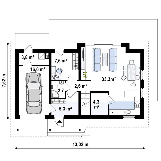 Rzut parteru POW. 74,7 m²
