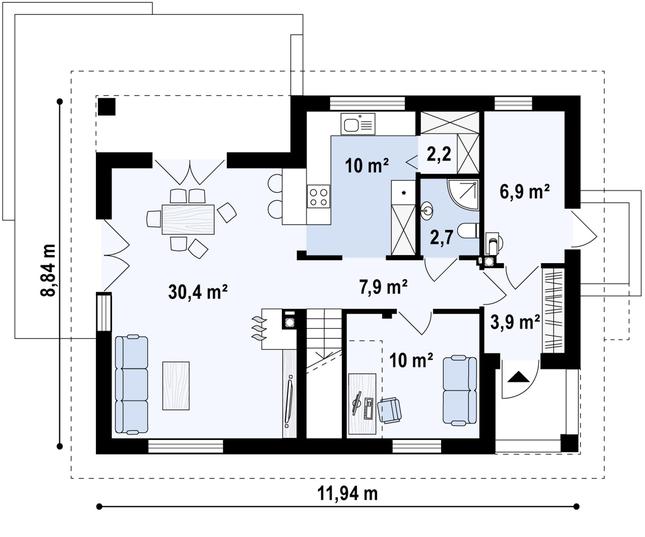 Rzut parteru POW. 70,6 m²