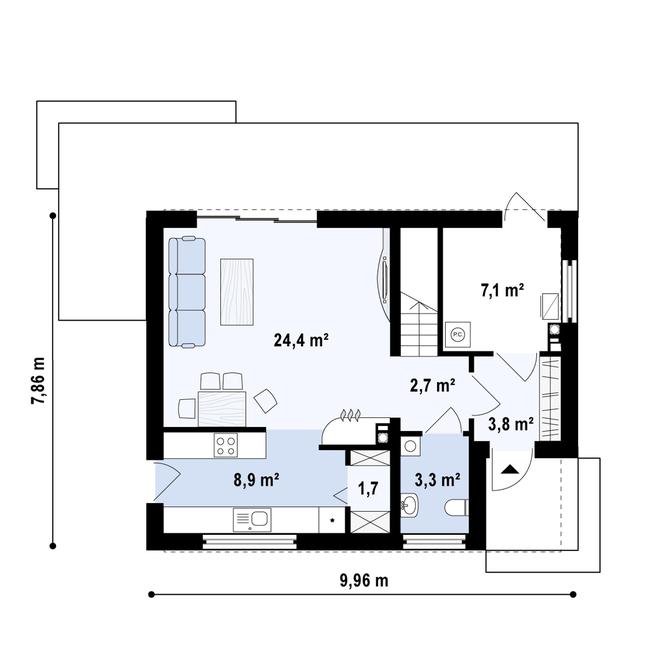 Rzut parteru POW. 51,9 m²