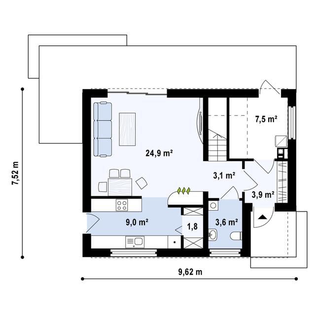 Rzut parteru POW. 53,7 m²