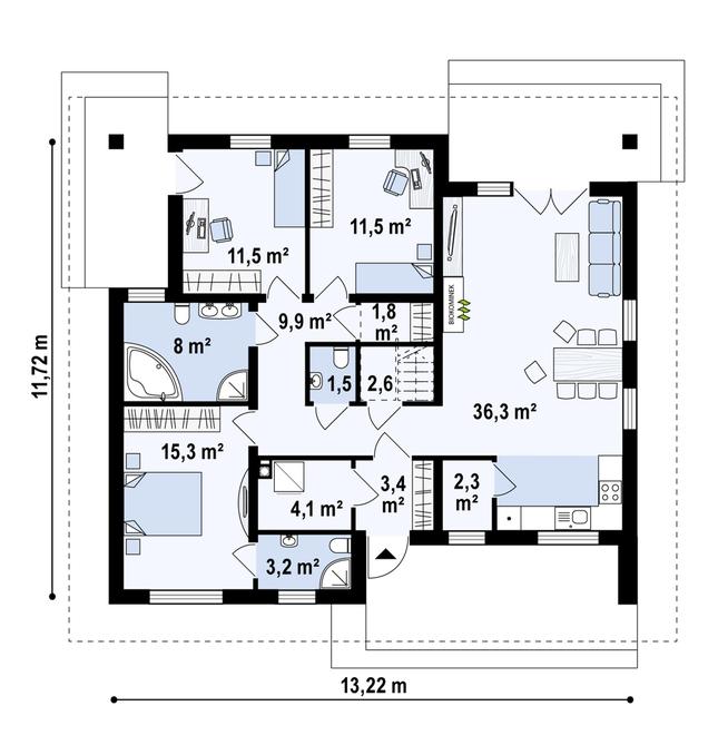 Rzut parteru POW. 111,6 m²