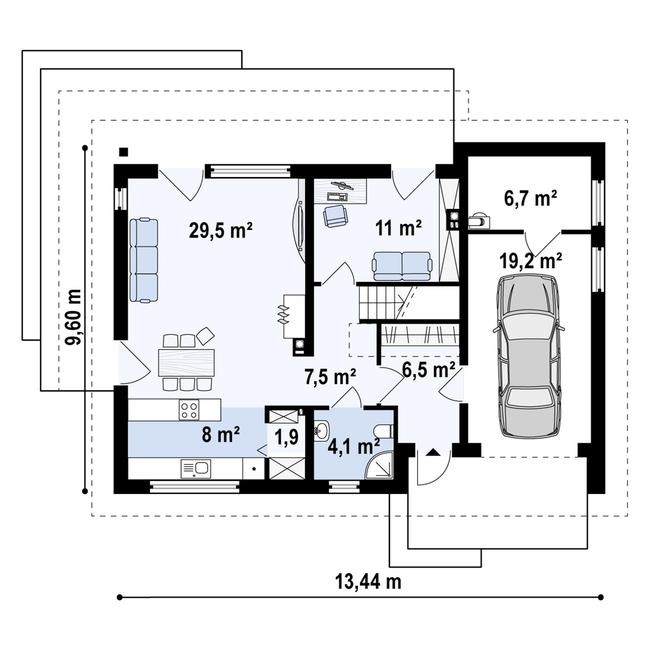 Rzut parteru POW. 96,5 m²