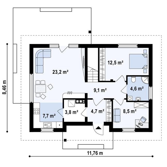 Rzut parteru POW. 74,0 m²