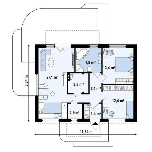Rzut parteru POW. 77,1 m²