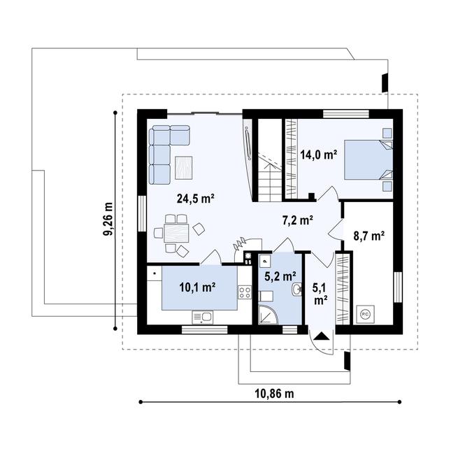 Rzut parteru POW. 74,8 m²